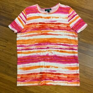 Lauren Ralph Lauren Women's 1X Striped Watercolor Print Short Sleeve T Shirt Top
